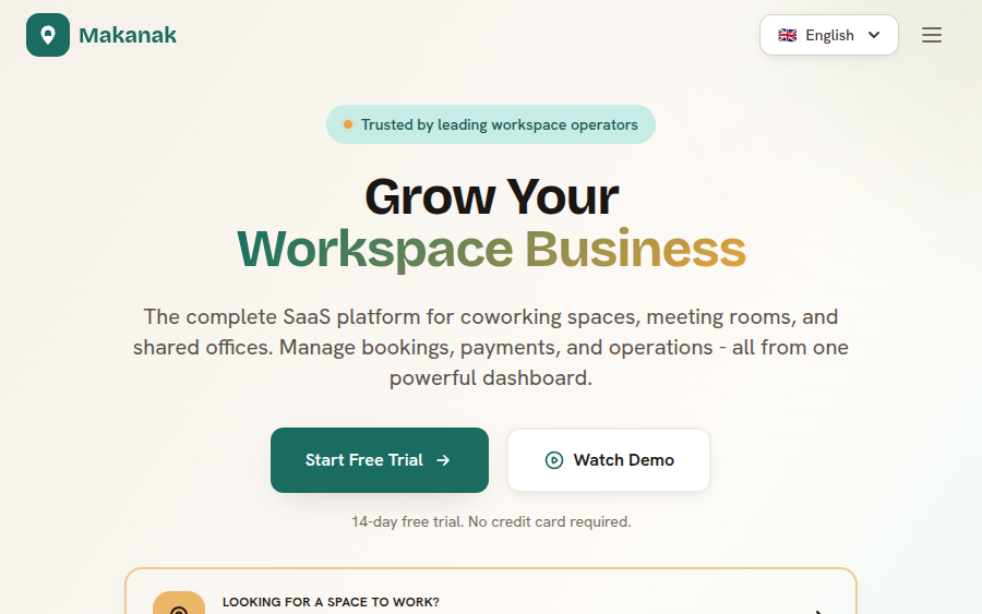 Makanak workspace booking platform — landing page for coworking operators